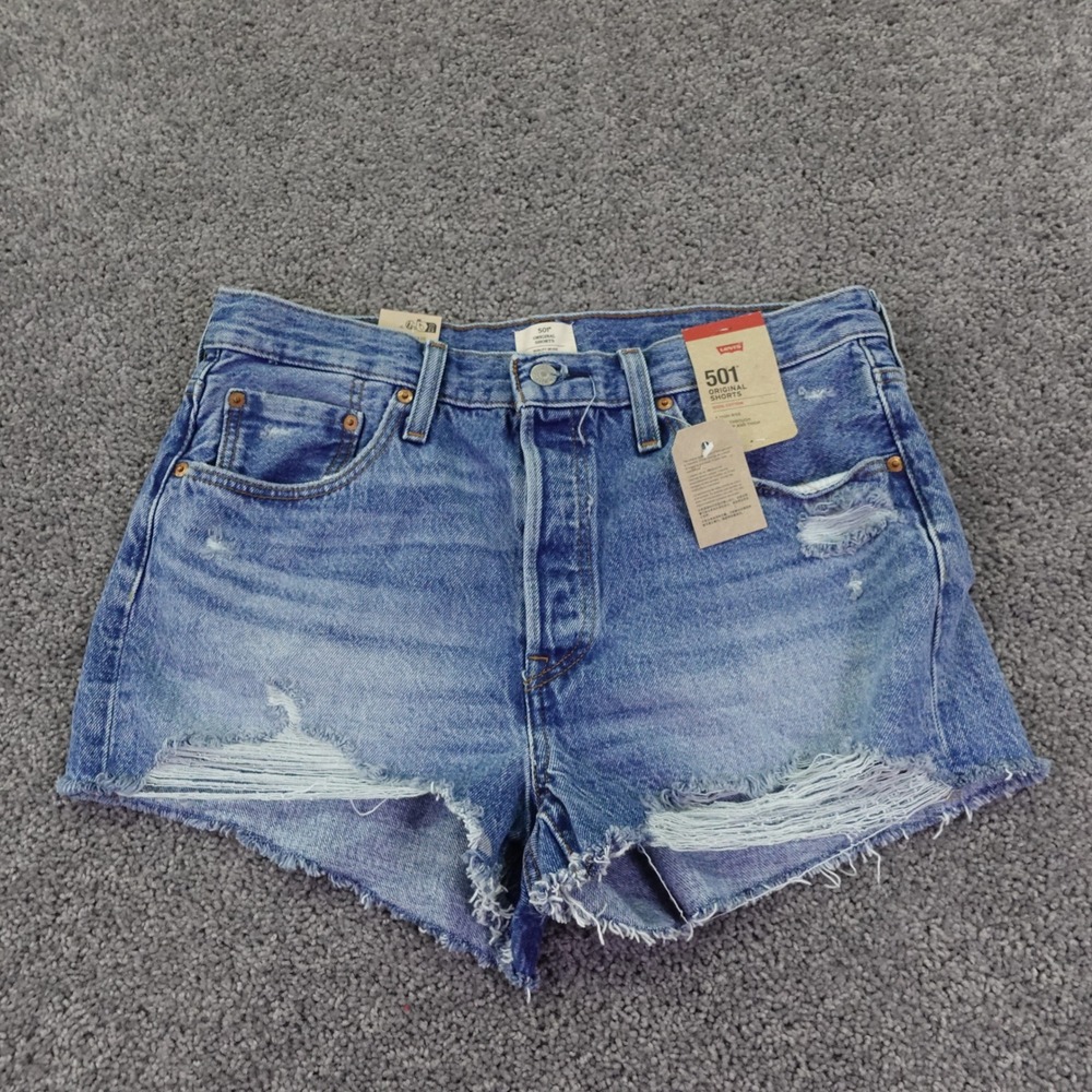 Levis 501 Original Shorts Womens 31 Blue Denim Distressed High Rise Button Fly